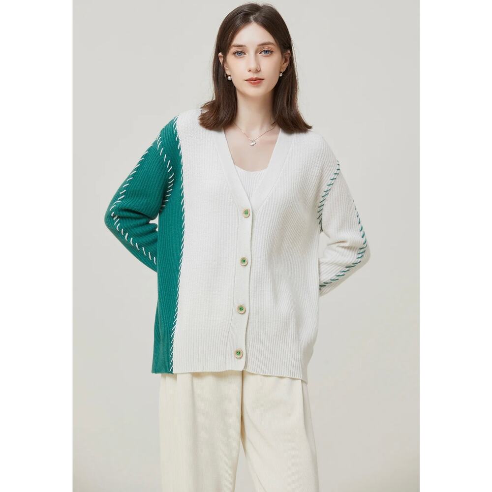 Sylphide Ailsa Green White Oversized Contrast Wool Cardigan Sweater Size Small‎
